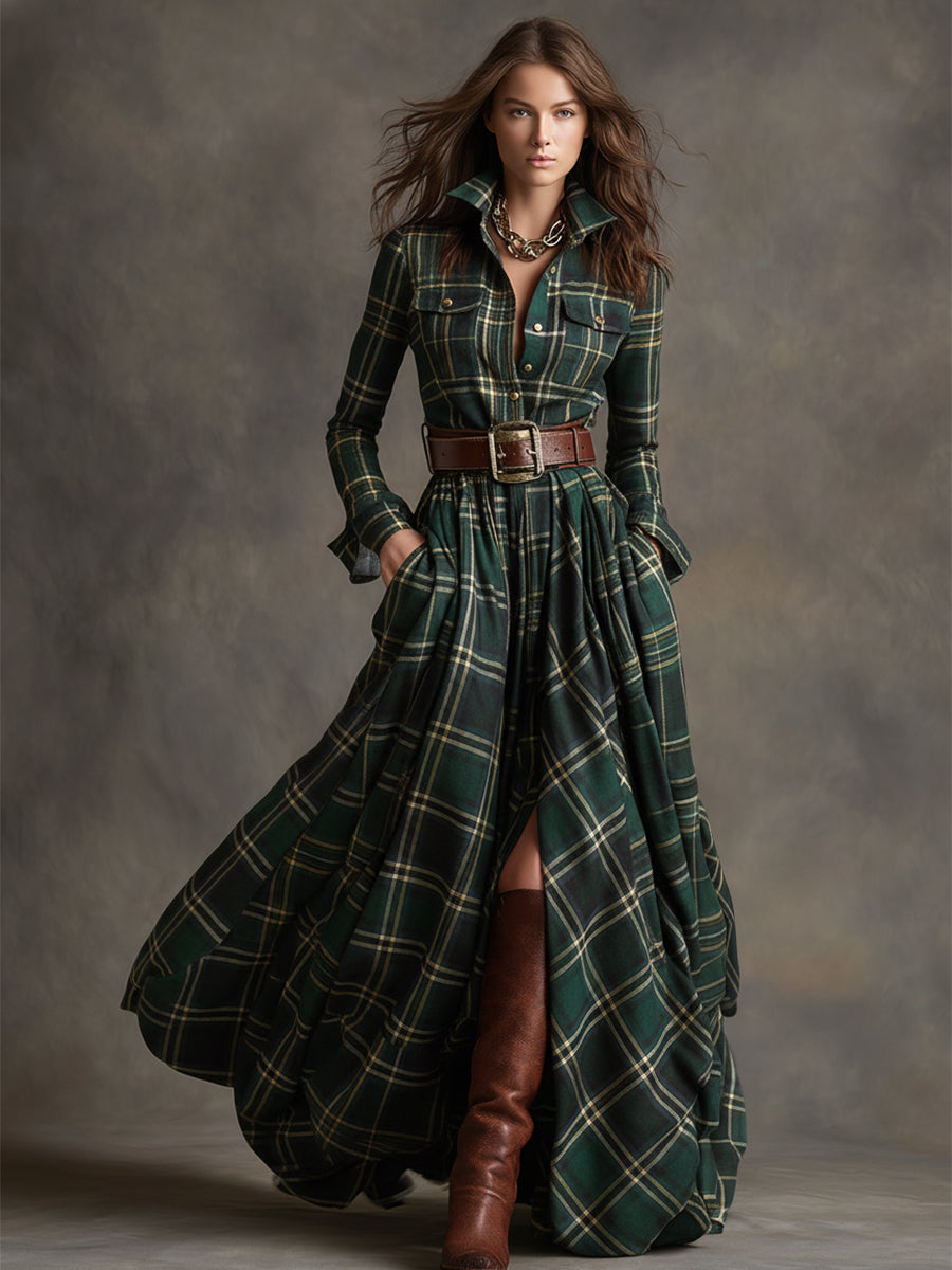 SIENNA – ELEGANT PLAID MAXI SHIRT DRESS