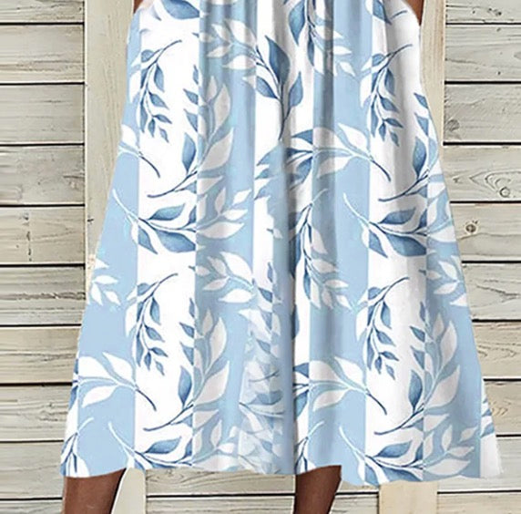 Unique Blue Plant Print Midi Dress With Jacket