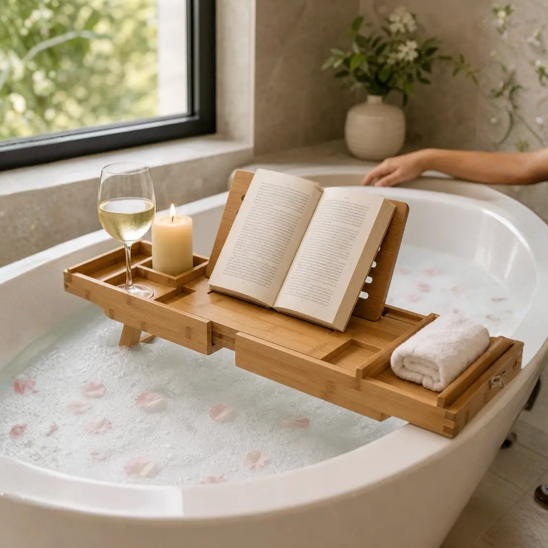 BowLift | Expandable Bamboo Bathtub/ Caddy Tray with Stands