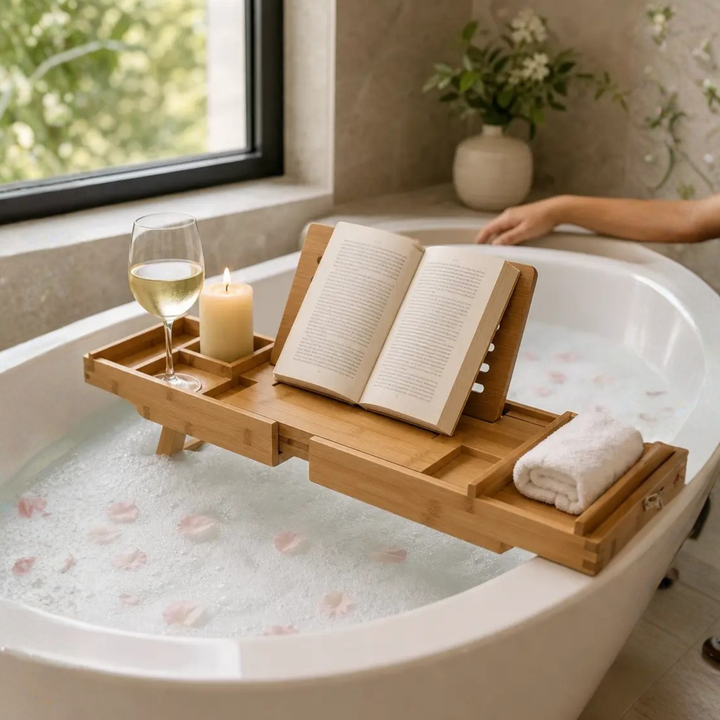 BowLift | Expandable Bamboo Bathtub/ Caddy Tray with Stands