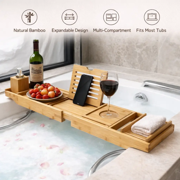 BowLift | Expandable Bamboo Bathtub/ Caddy Tray with Stands