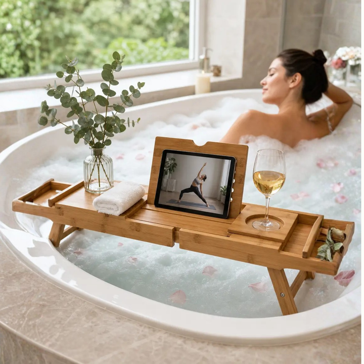 BowLift | Expandable Bamboo Bathtub/ Caddy Tray with Stands