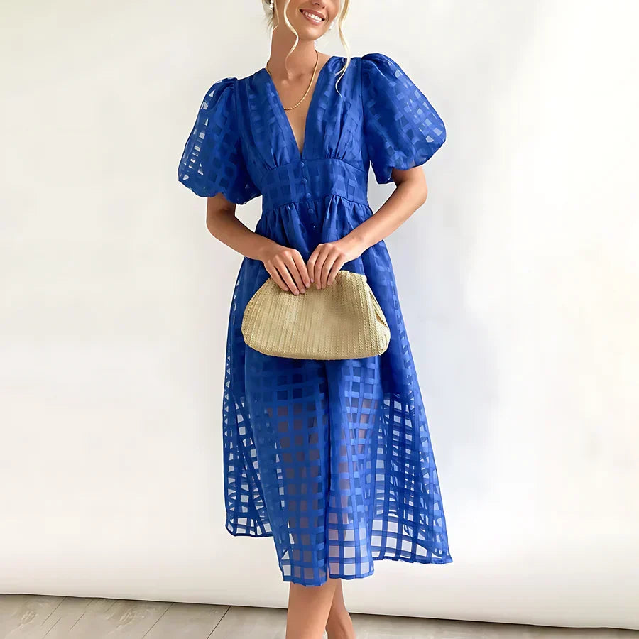 Caelis | Classic Patterned Puff Sleeve Midi Dress