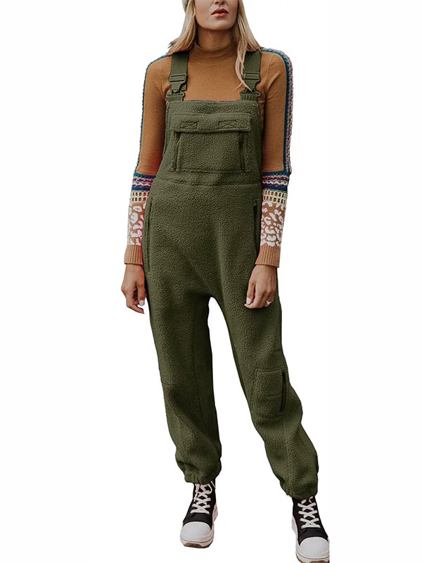 Fleece Thermal Overalls with Zipper Pockets for Women