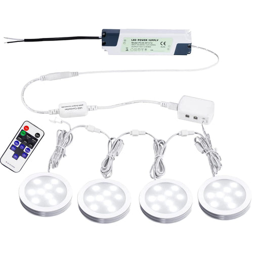 Azura | Aiboo linkable LED under cabinet light hardwired 12V slim aluminum dimmable puck light with remote control for illuminating cabinets (4 lights, daylight white, without wall adapter)