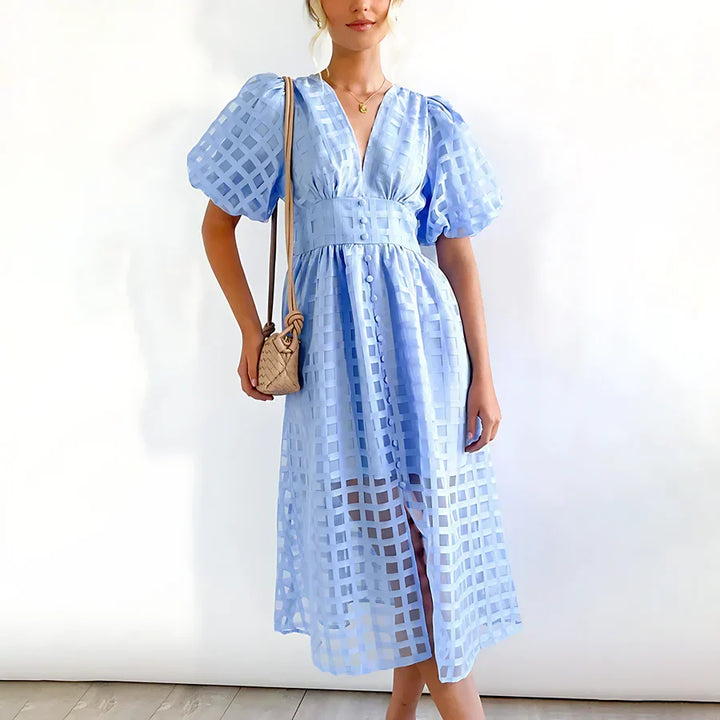 Caelis | Classic Patterned Puff Sleeve Midi Dress