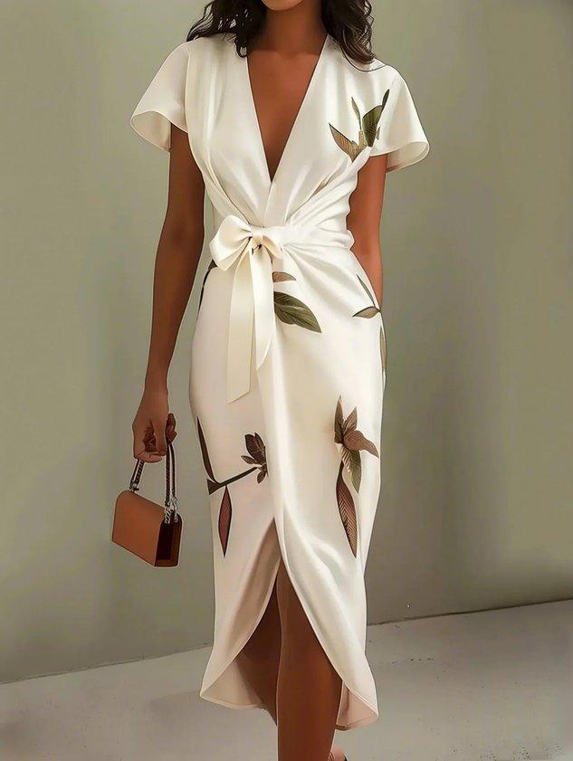 Florence bodycon dress in satin with short sleeves and white leaf pattern
