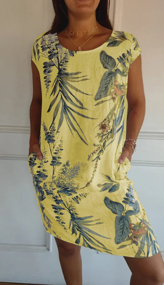 Printed summer dress in cotton and linen for women with pockets
