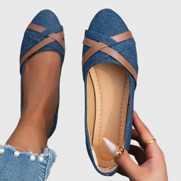 NATHALIE – CROSS-STRAP DENIM FLATS