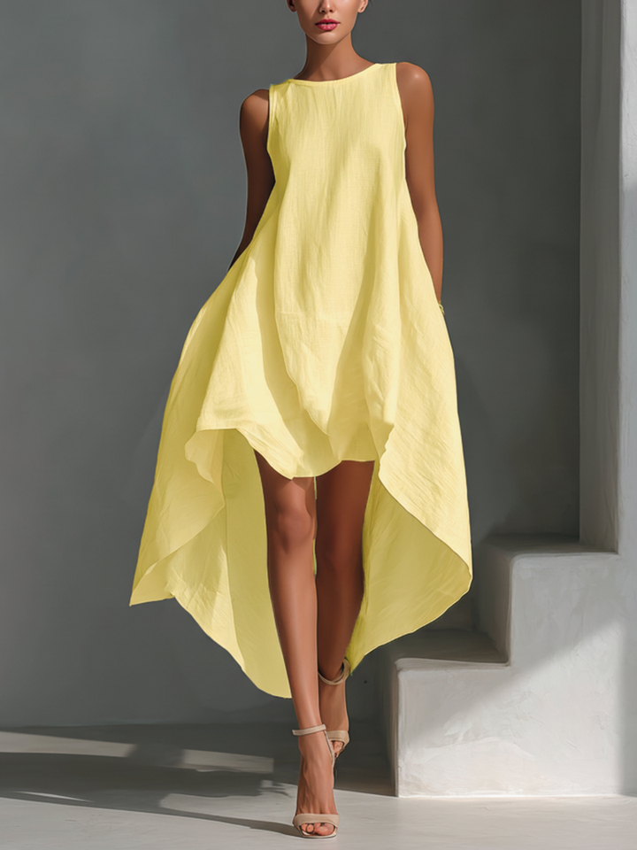 White Linen Sleeveless Midi Dress for Women with Round Neck and Asymmetrical Hem