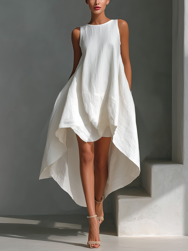 White Linen Sleeveless Midi Dress for Women with Round Neck and Asymmetrical Hem