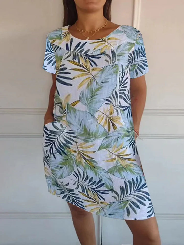 Printed summer dress in cotton and linen for women with pockets