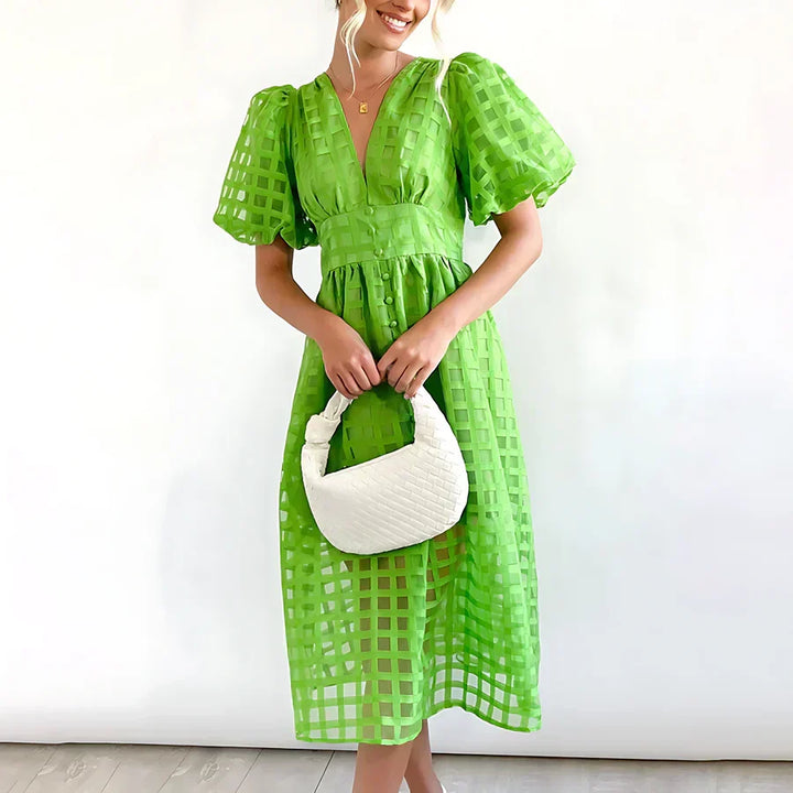 Caelis | Classic Patterned Puff Sleeve Midi Dress