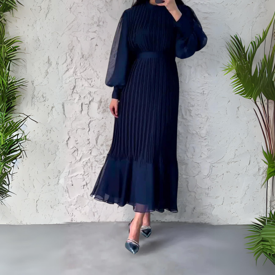 Cami - Chic French Fall Mesh-Accented Evening Gown
