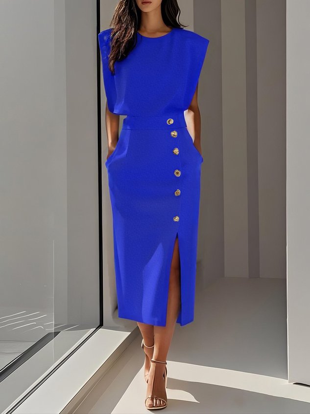 Malene™ | Solid Midi Dress with Button Slit and Round Neckline