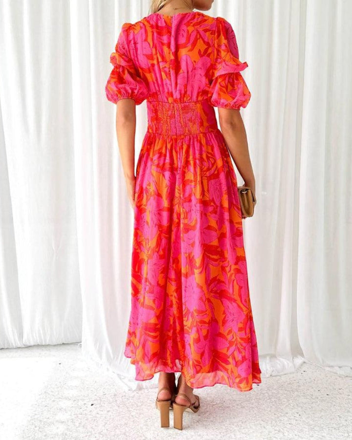 Zynelle | Elegant V-neck Puff Sleeve Maxi Dress