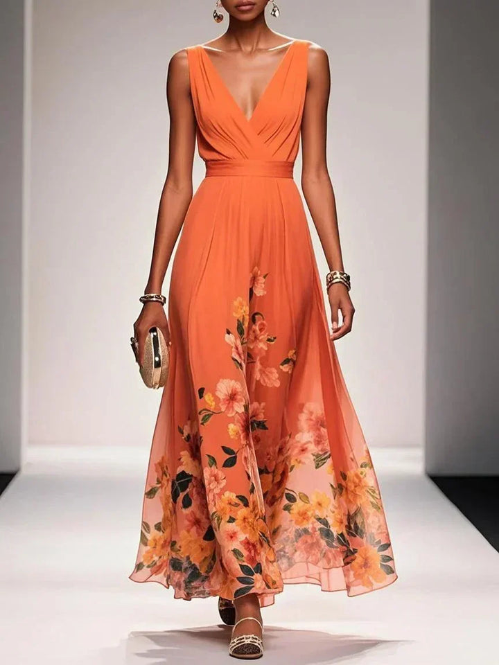 Rose | Light Blue Floral Chiffon V-Neck Maxi Dress