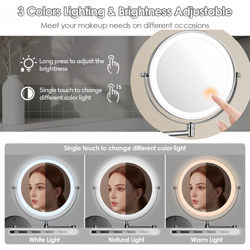 Azura | Rechargeable wall-mounted shaving mirror | 360° rotation. 1X/10X magnification and adjustable LED lighting for use in the bathroom
