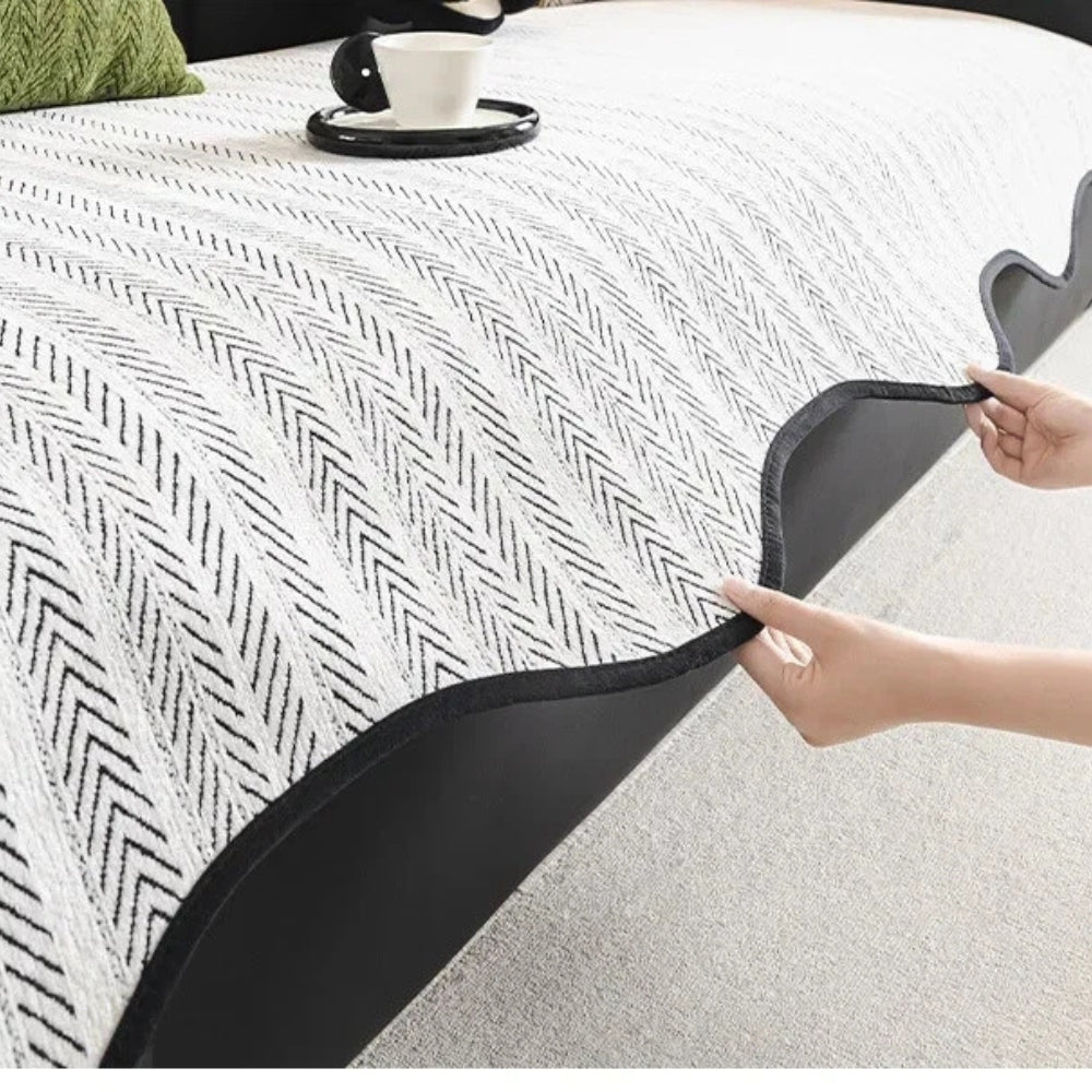 BowLift | Aurivelle Herringbone Sofa Cover with Scalloped Edge Trim