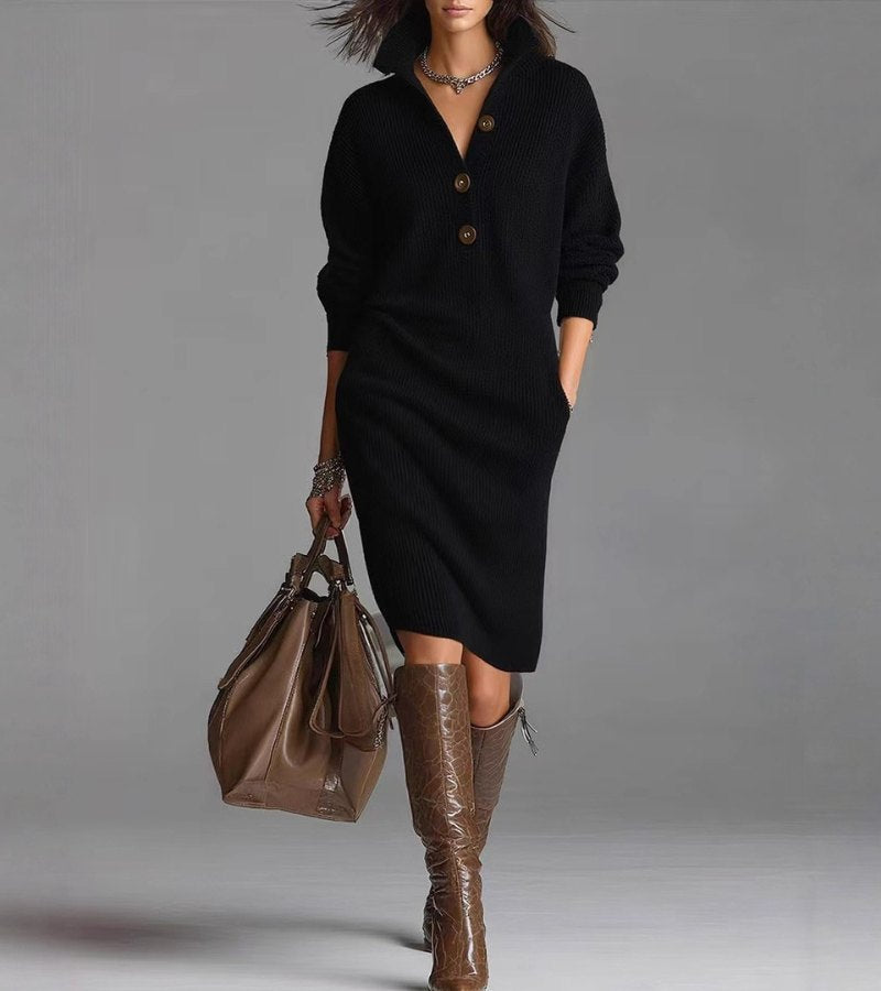 Perona - Elegant Knitted Dress With Button