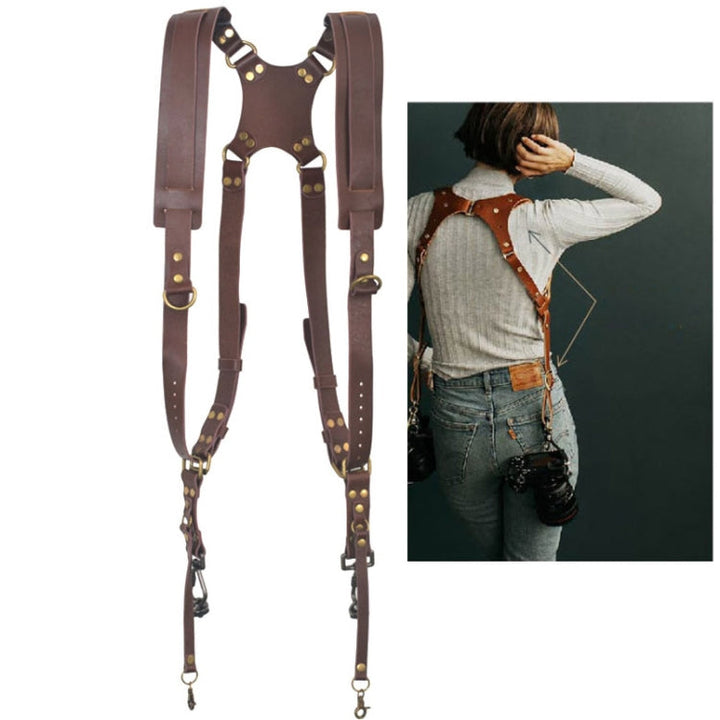 Azura | Quick Release Anti-Slip Dual Shoulder Leather Harness Camera Strap with Metal Hook for SLR / DSLR Cameras (Brown)
