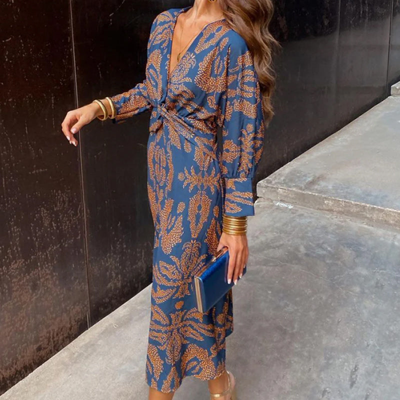 Janella - Vintage Draped Long Sleeve Midi Dress