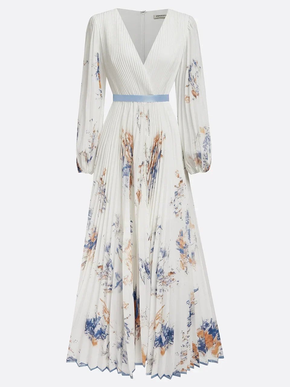 Halston - Elegant V-Neck Puff Sleeves Maxi Dress