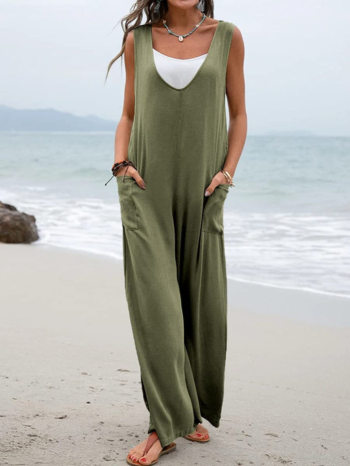 Relaxed overall with deep V-neck and two side pockets