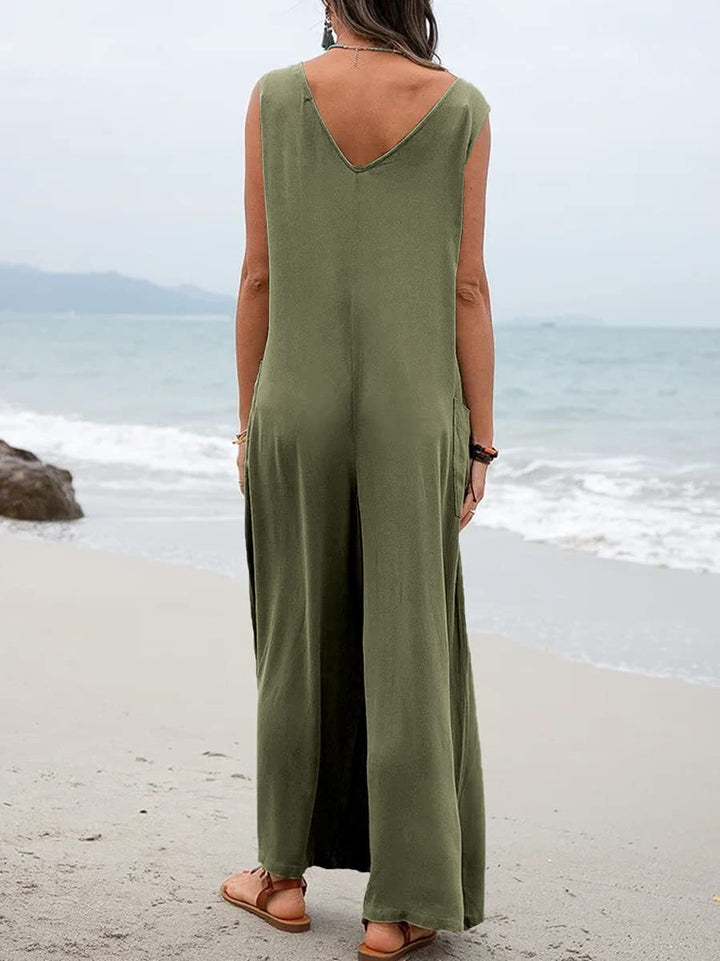 Relaxed overall with deep V-neck and two side pockets