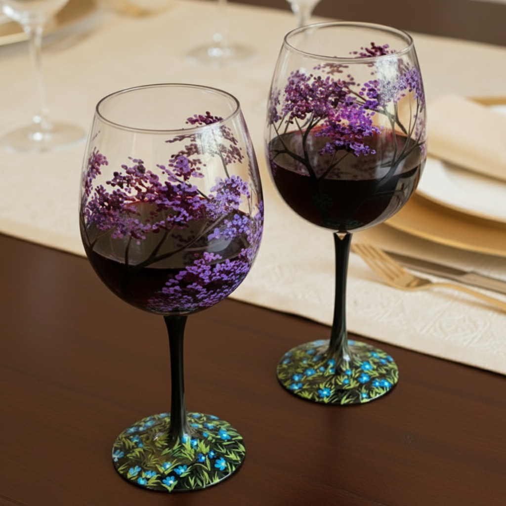 Azura | Hand Painted Four Seasons Tree Wine Glasses | Unique Art