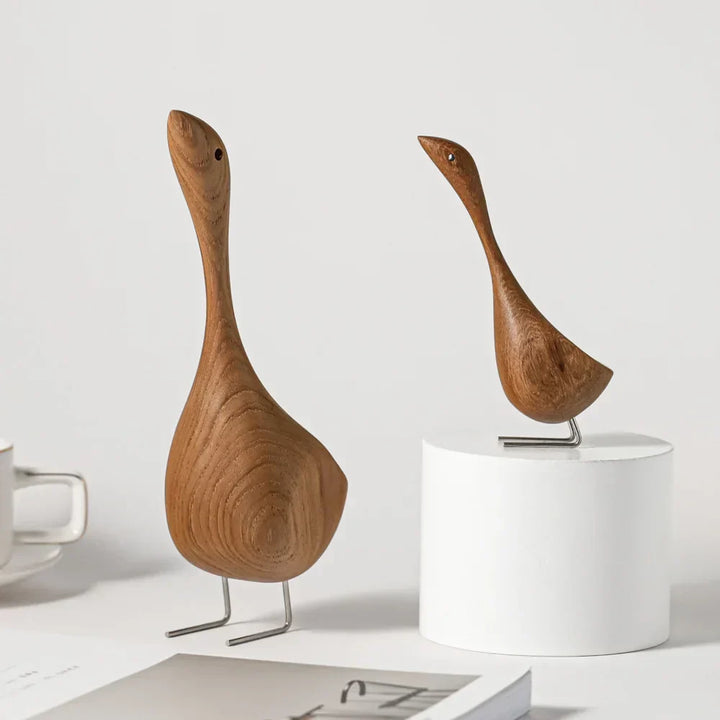 BowLift | Nordic Wooden Goose Figures Abstract Teak Wood Sculpture Love Couple Figures Natural Animal Ornaments for Home Decoration