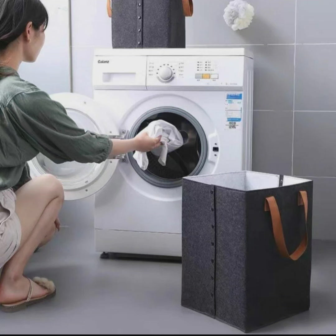 BowLift | Collapsible laundry basket with leather handles