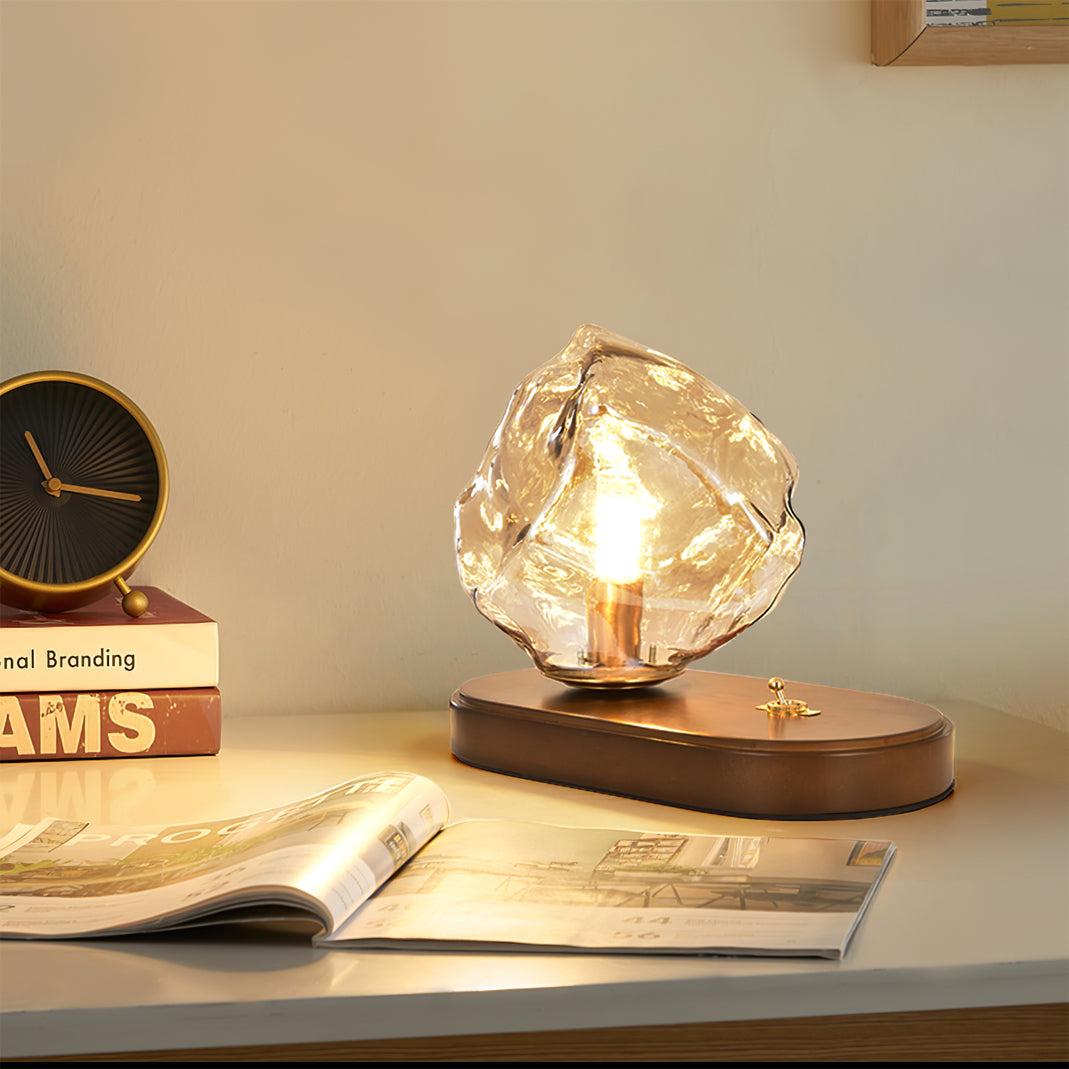 BowLift | RusticLume – Amber Glass and Wooden Table Lamp