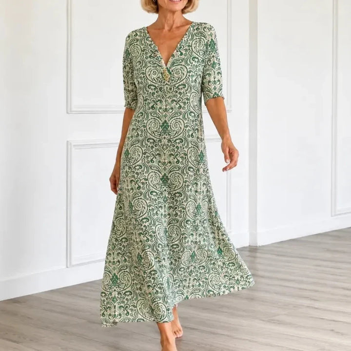 Florenza – Vintage Paisley V-Neck A-Line Maxi Dress with Half Sleeves