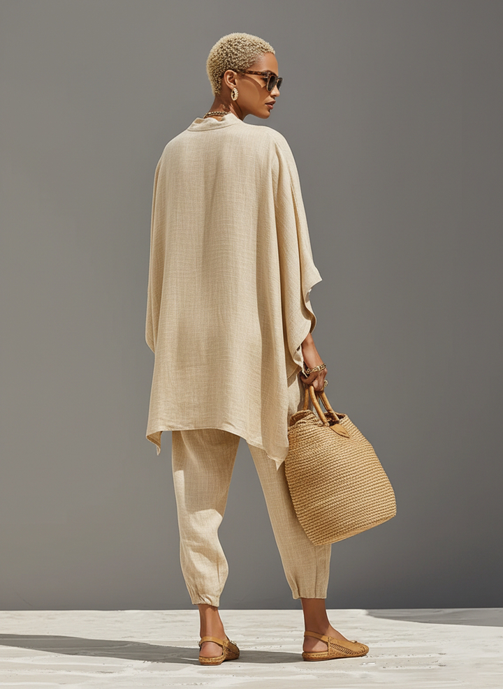Neutral Linen Women's Set with Asymmetrical Hem and Minimalist Design, Sophisticated Daily-Casual Style Set