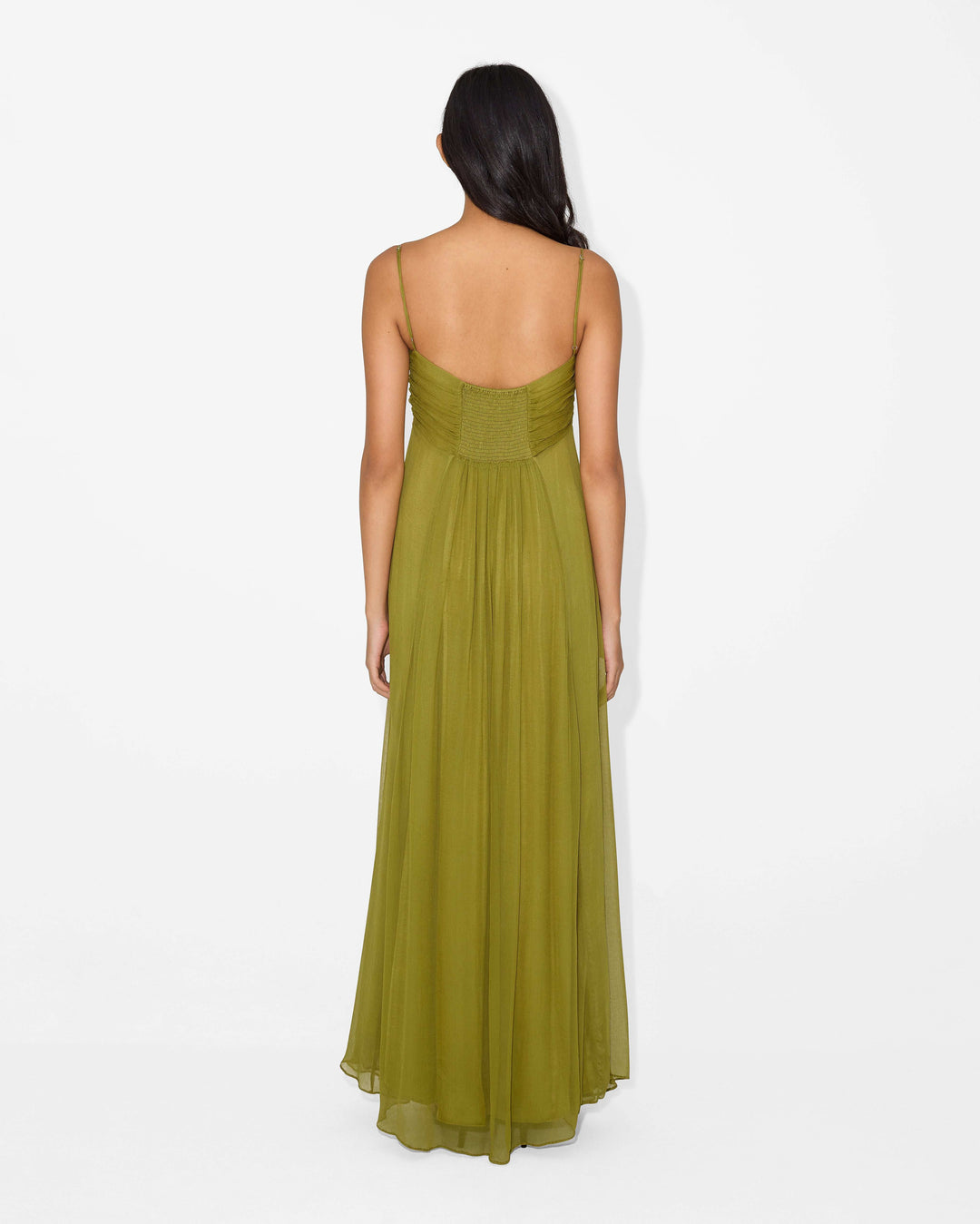 KORA – SUN-WASHED OLIVE RUCHED MAXI DRESS