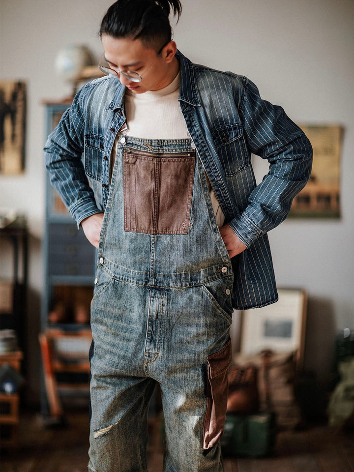 Men's Dungarees in Contrasting Distressed Denim