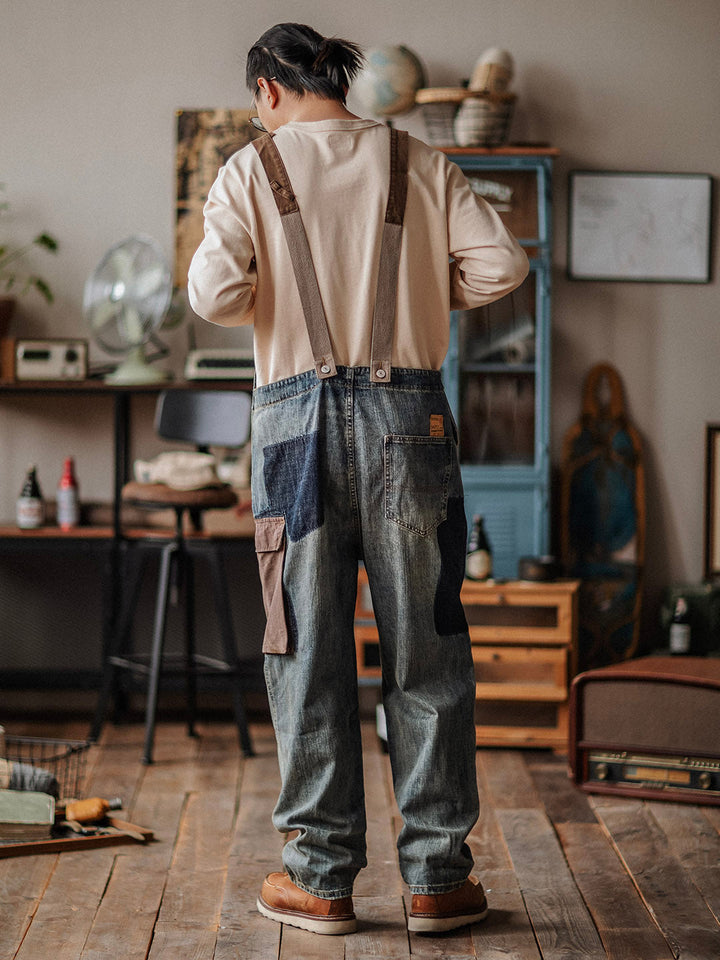 Men's Dungarees in Contrasting Distressed Denim
