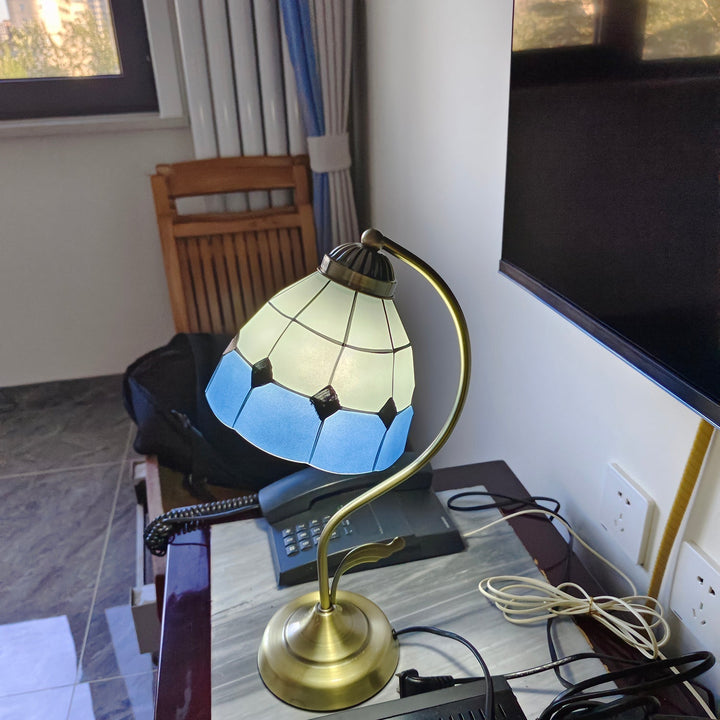 BowLift | LuxePetal – White and Blue Glass Floral Table Lamp in Gold