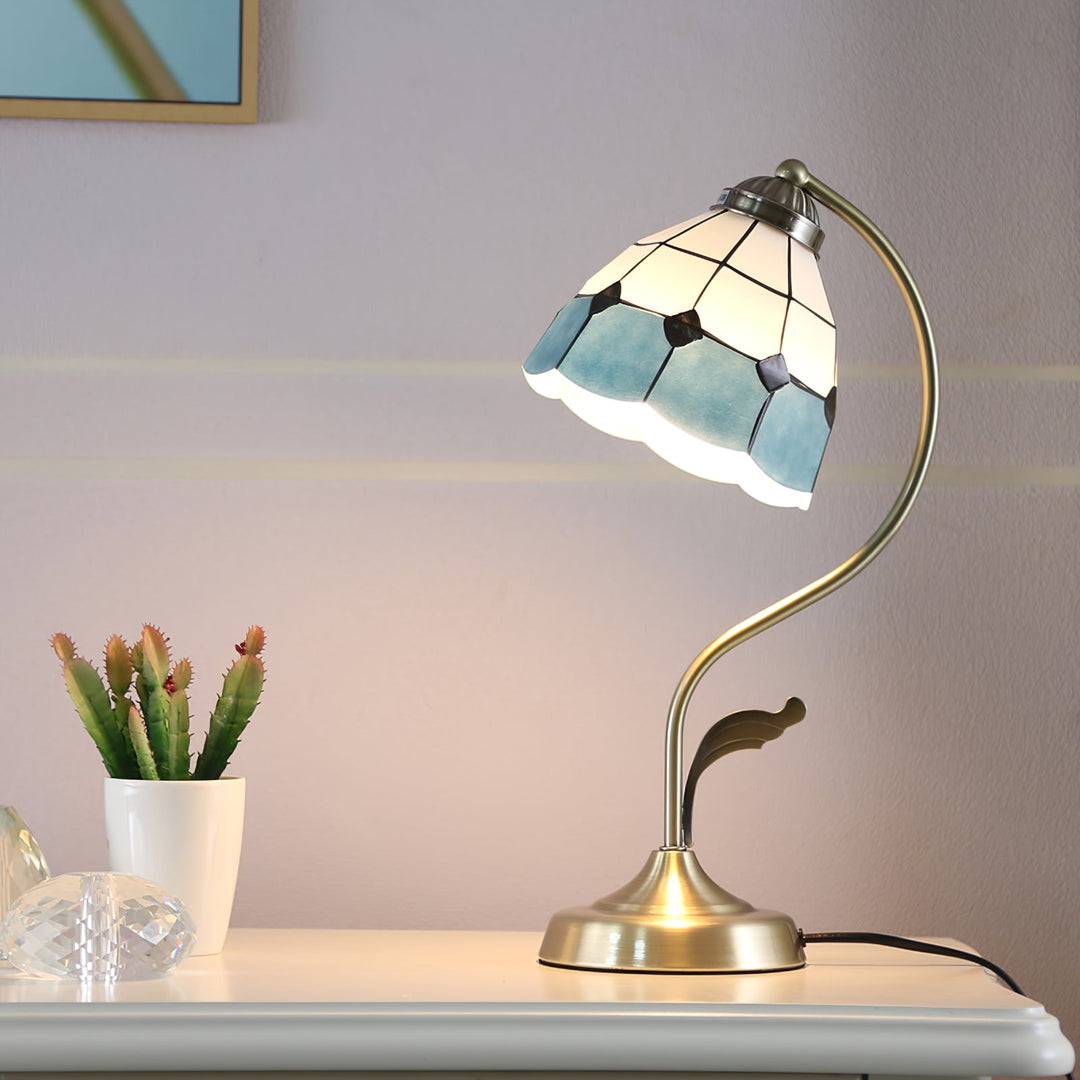 BowLift | LuxePetal – White and Blue Glass Floral Table Lamp in Gold