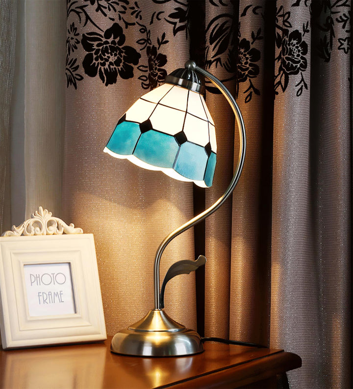 BowLift | LuxePetal – White and Blue Glass Floral Table Lamp in Gold