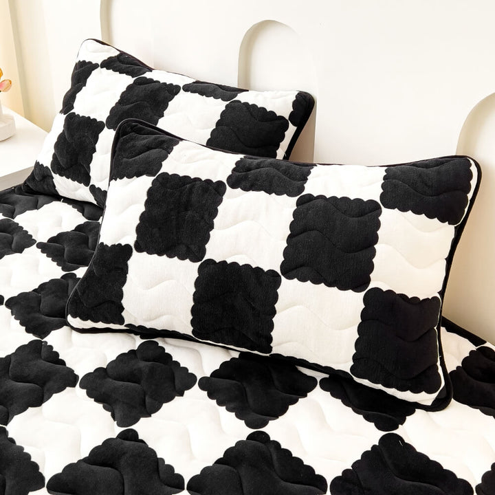 BowLift | Milk Velvet Checked Bed Linen Fitted Sheet Mattress Cover