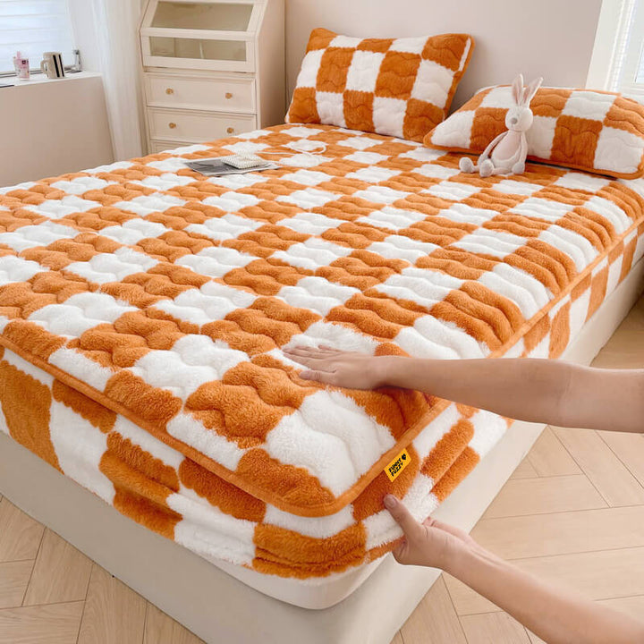 BowLift | Milk Velvet Checked Bed Linen Fitted Sheet Mattress Cover