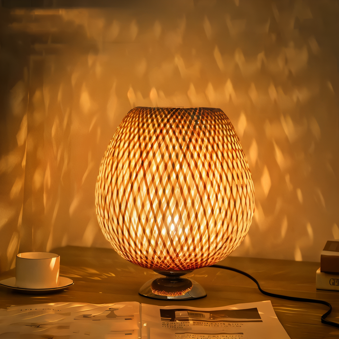 BowLift | NatureHue – Vintage Bamboo Table Lamp – Creative Woven Rattan Desk Light