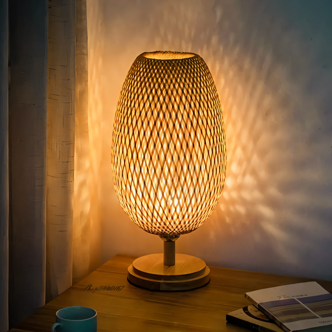 BowLift | NatureHue – Vintage Bamboo Table Lamp – Creative Woven Rattan Desk Light