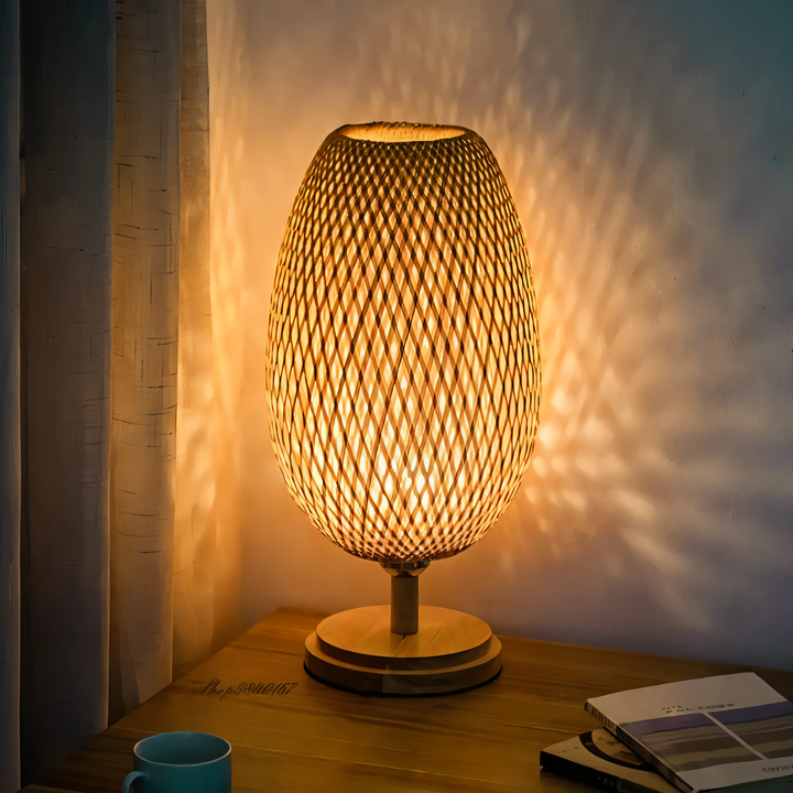 BowLift | NatureHue – Vintage Bamboo Table Lamp – Creative Woven Rattan Desk Light
