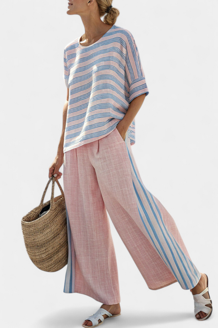 Virella | Elegant Pink-Blue Linen Blouse & Soft Pants
