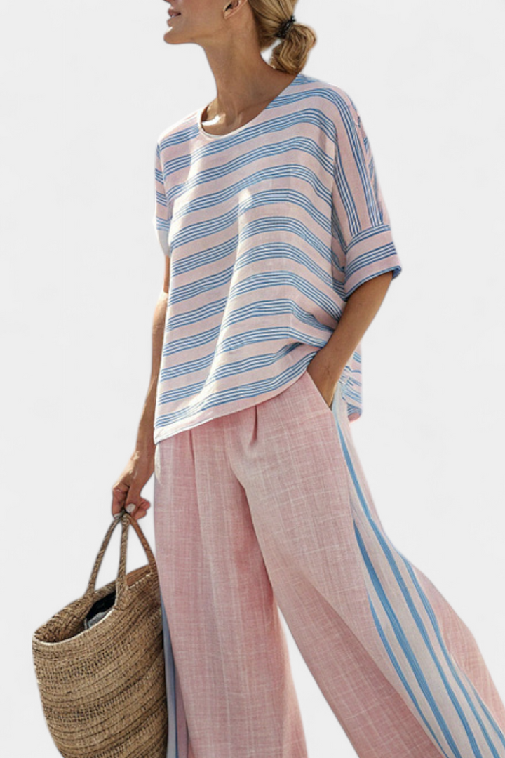 Virella | Elegant Pink-Blue Linen Blouse & Soft Pants
