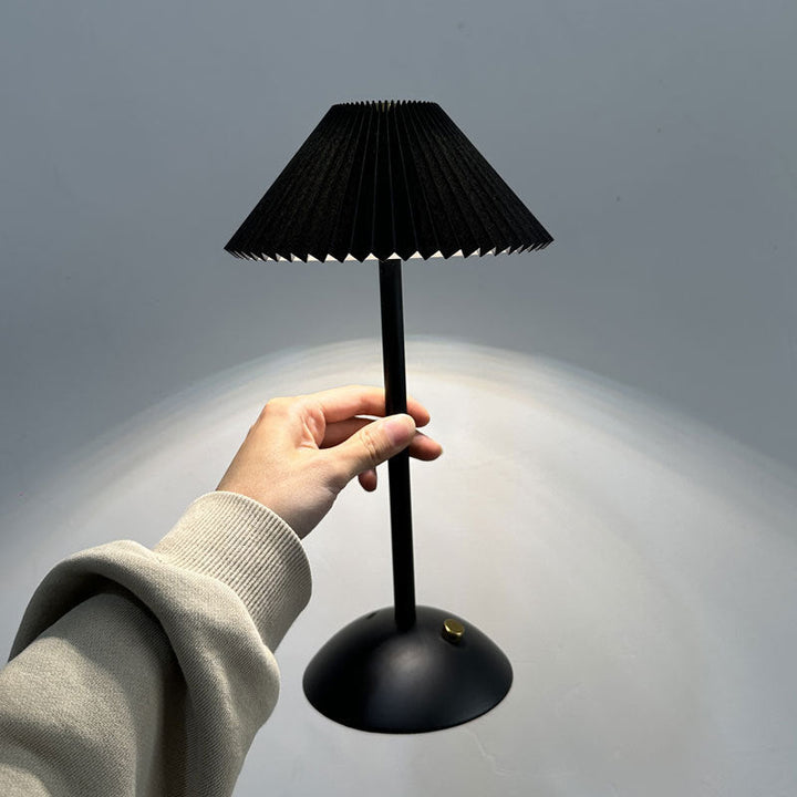 BowLift | Contemporary Scandinavian rechargeable iron fabric cone pleated LED table lamp for bedside