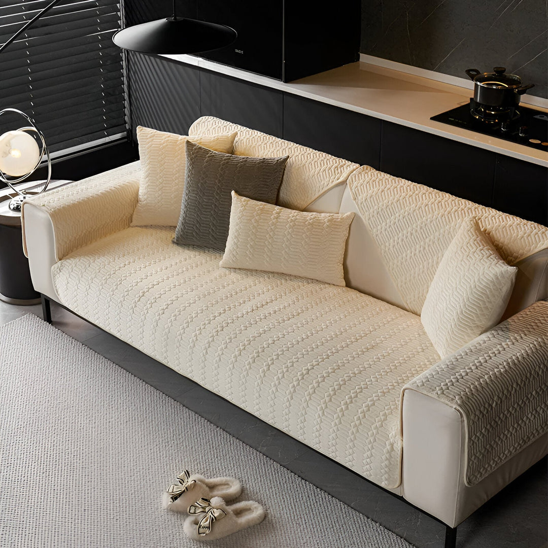 BowLift | Premium Plush Velvet Sofa Cover – Luxurious Geometric Pattern with Non-Slip Back